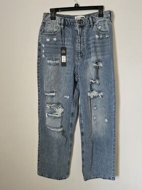 Light Blue Baggy Distressed Wide-Leg Jeans